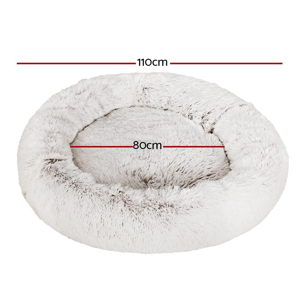 Calming Plush Pet Bed (110cm, White & Brown)