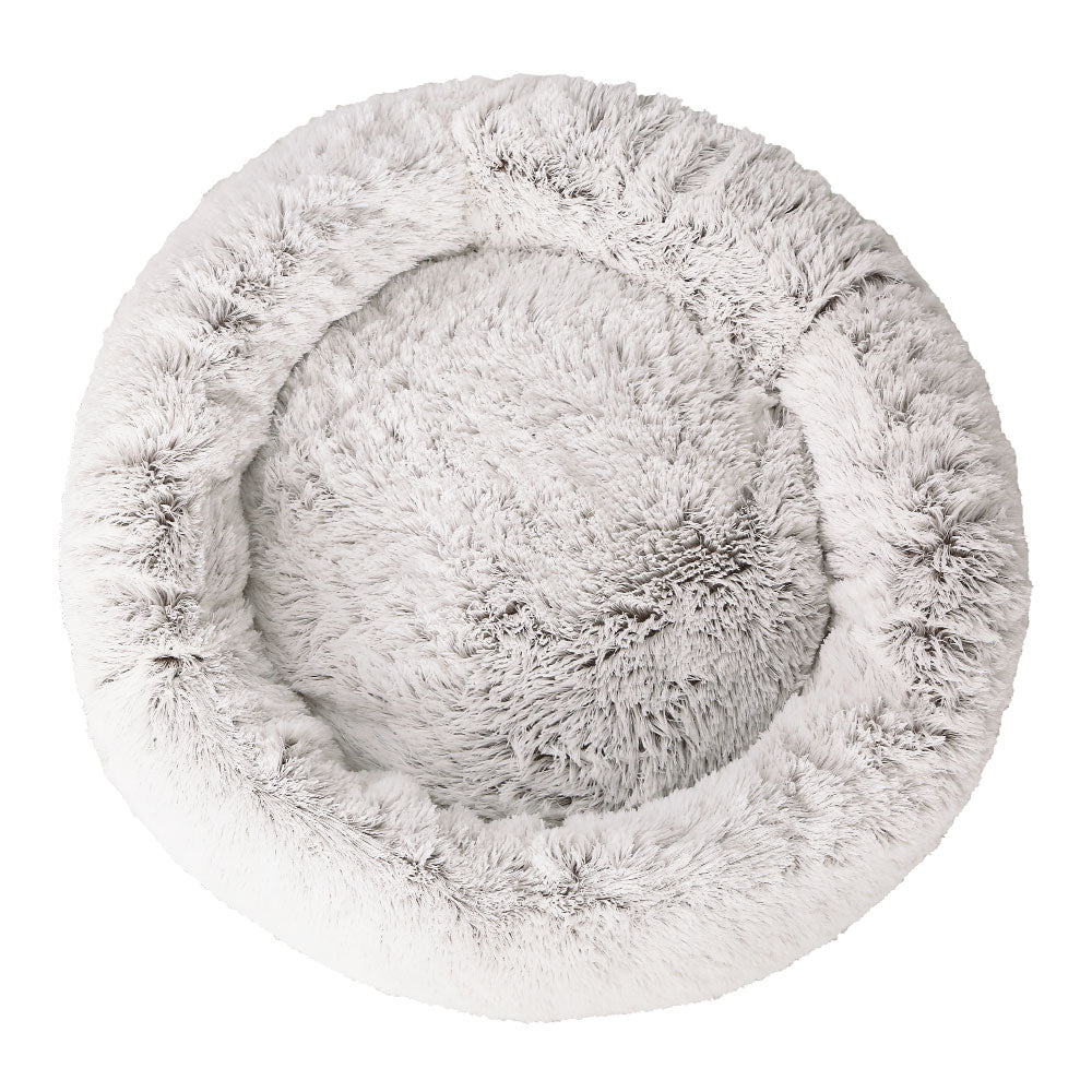 Calming Plush Pet Bed (110cm, White & Brown)