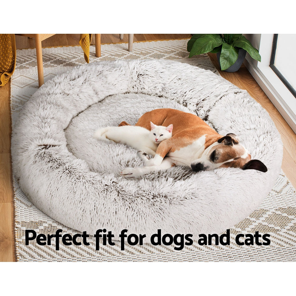 Calming Plush Pet Bed (110cm, White & Brown)
