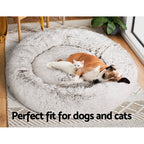 Calming Plush Pet Bed (110cm, White & Brown)