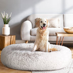 Calming Plush Pet Bed (110cm, White & Brown)