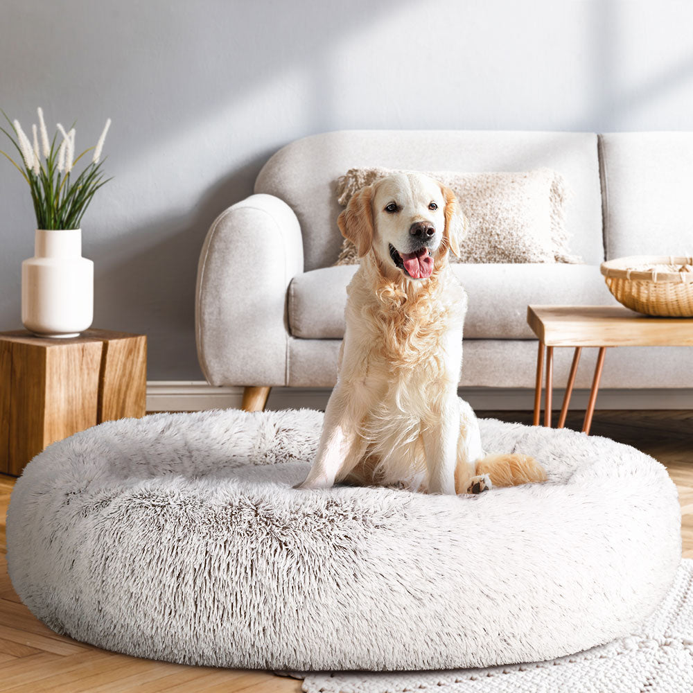 Calming Plush Pet Bed (110cm, White & Brown)