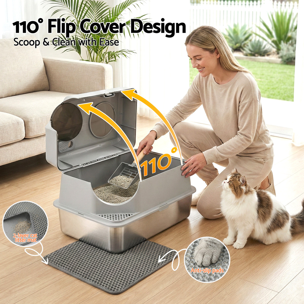 Stainless Steel Litter Box (Large, Hooded)