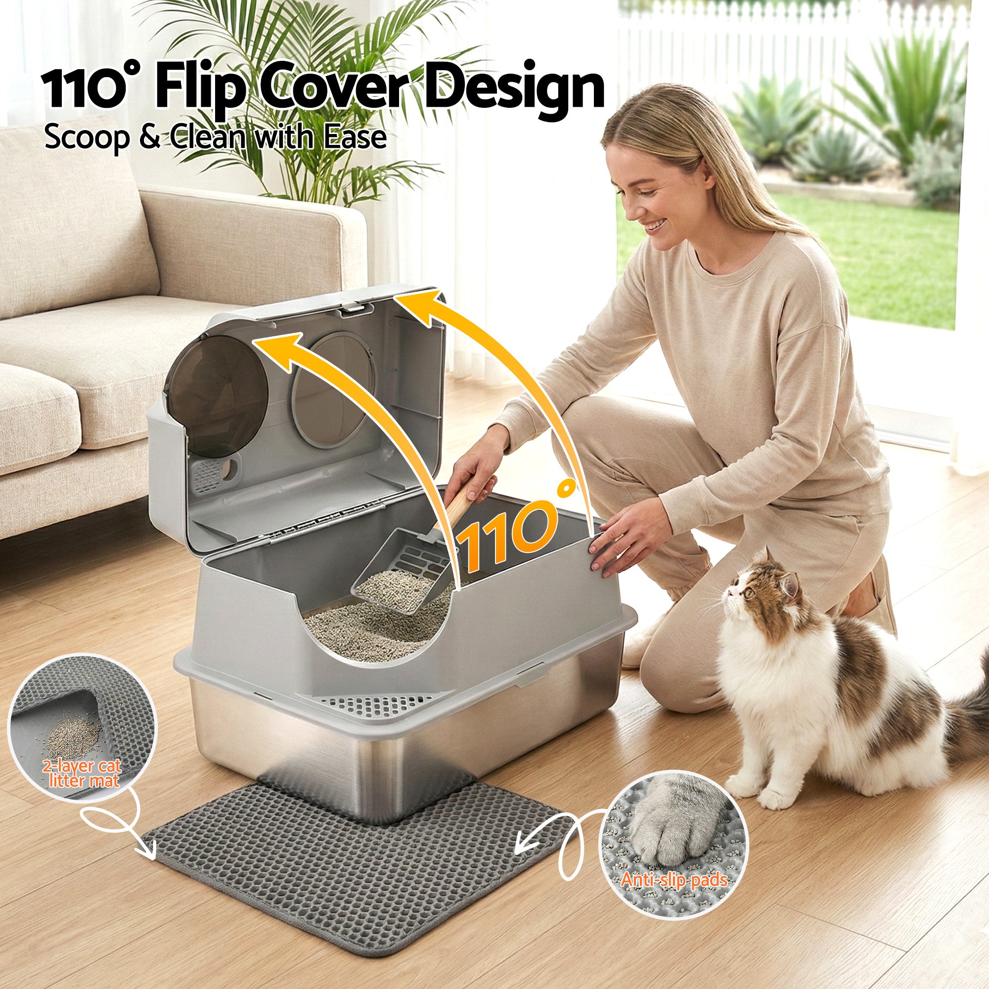 Stainless Steel Litter Box (Large, Hooded)