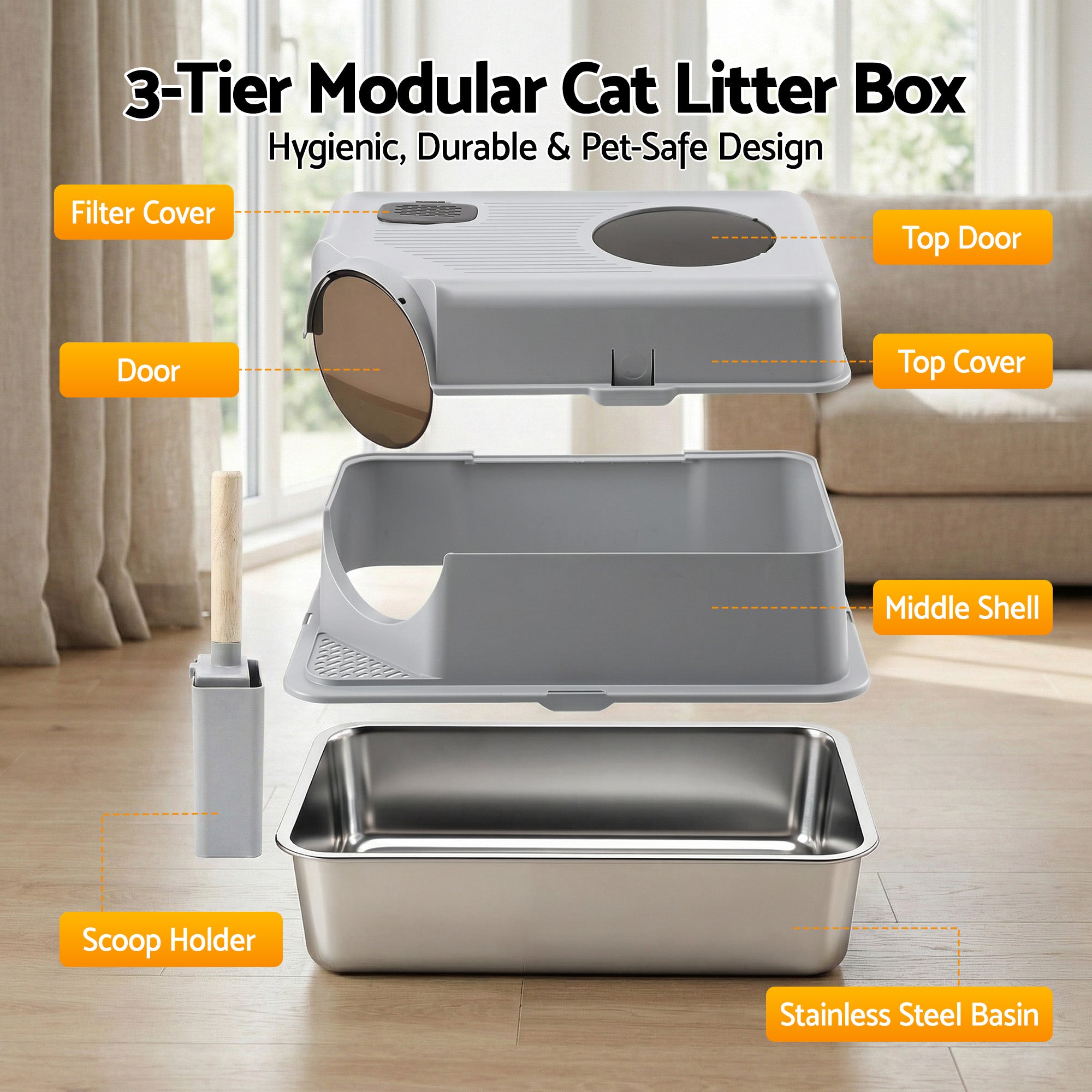 Stainless Steel Litter Box (Large, Hooded)
