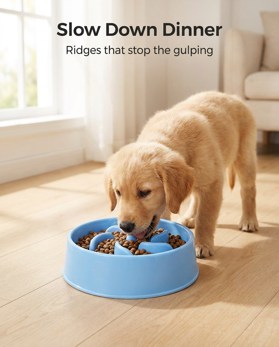 Golden retriever puppy eating from the blue slow feeder bowl on a wooden floor
