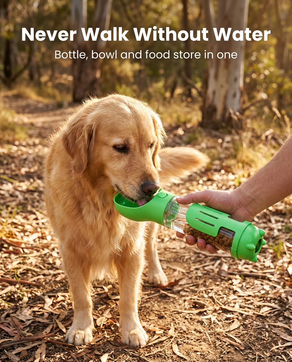 Dog drinking from the green 4-in-1 travel water bottle on a walking track