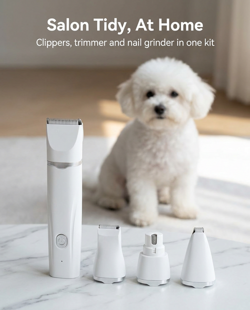 4-in-1 pet clipper and nail grinder kit with a small white dog