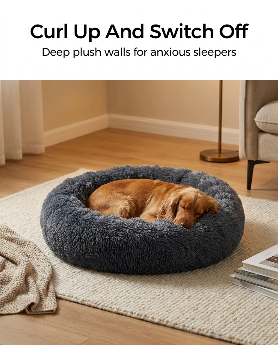 Dog asleep in the large dark grey calming plush donut bed