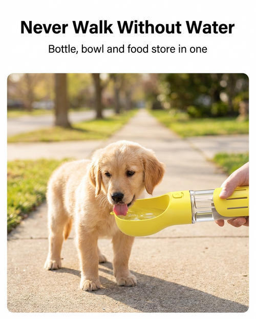 Puppy drinking from the yellow 4-in-1 travel water bottle on a footpath