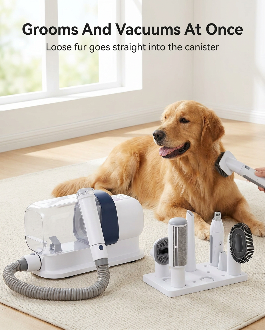7-in-1 pet grooming vacuum kit being used on a golden retriever