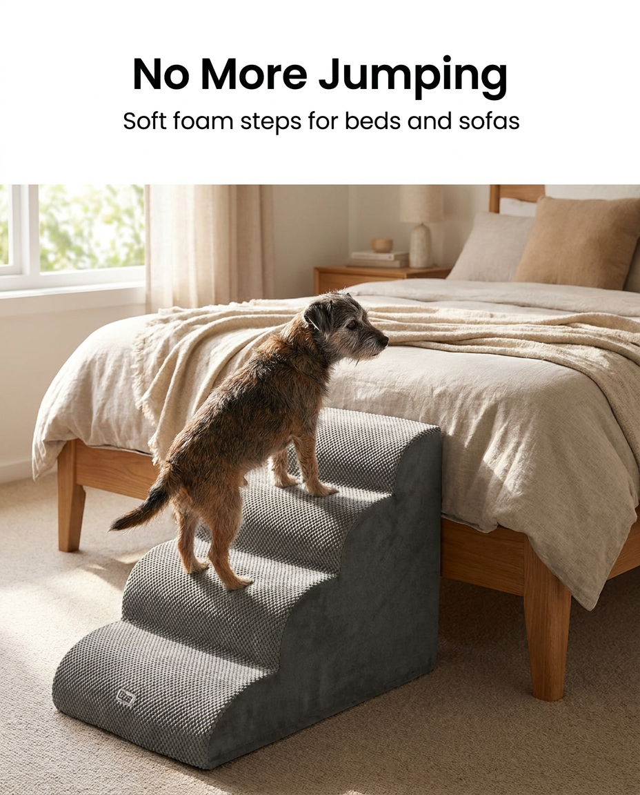 Small dog climbing the four step grey foam pet stairs beside a bed
