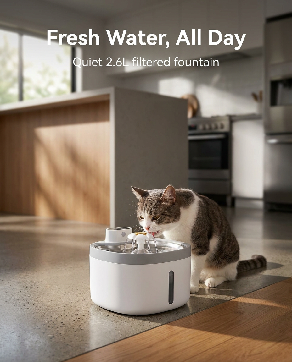Cat drinking from the 2.6L automatic pet water fountain in a kitchen