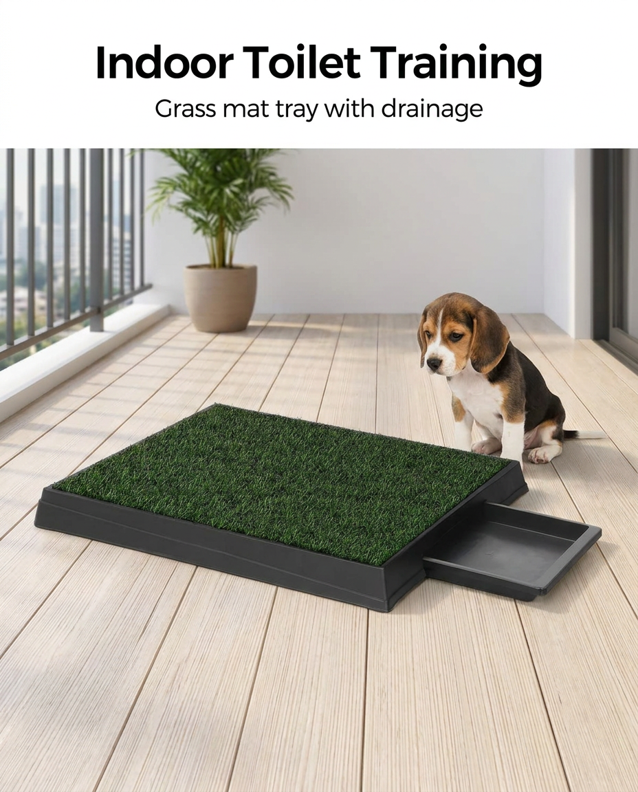 Puppy beside the grass potty tray with pull out drainage drawer