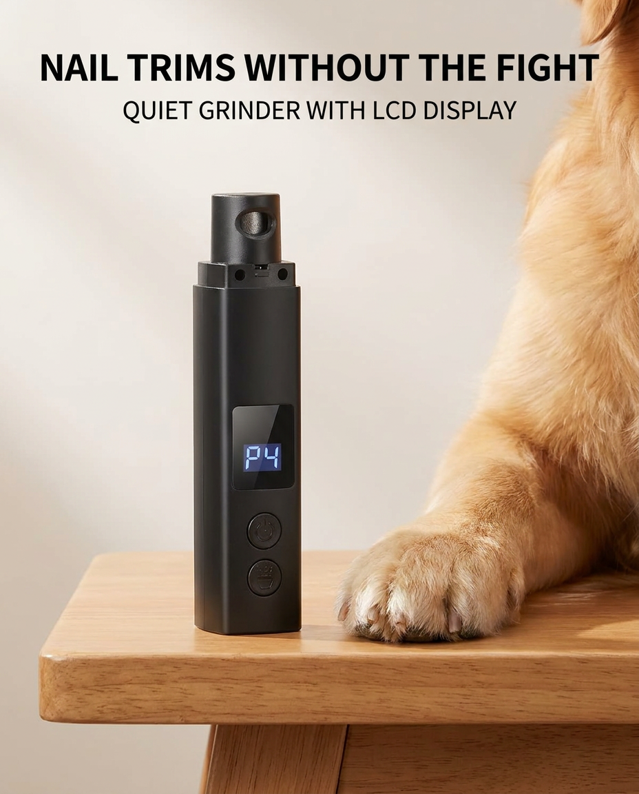 Professional pet nail grinder with LCD display beside a dog paw