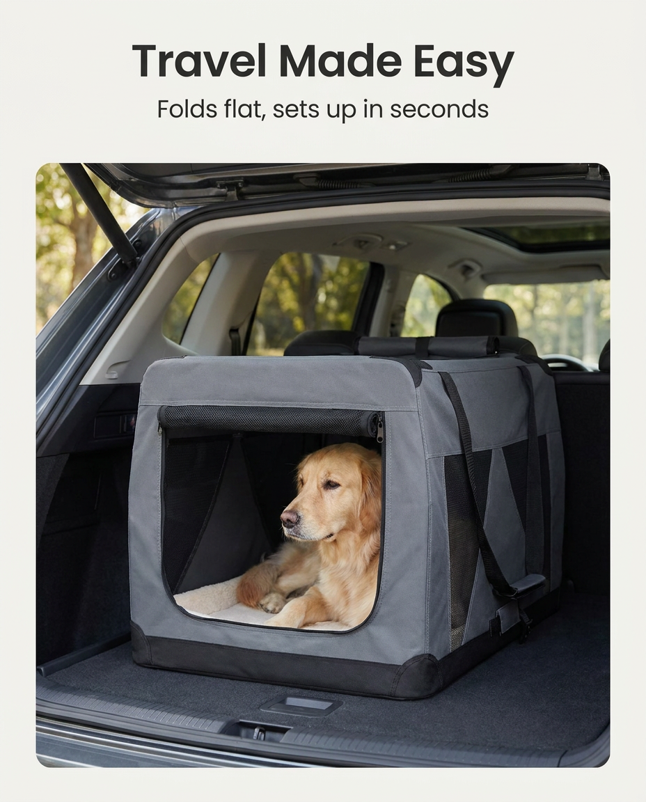 Dog resting in the medium grey soft travel crate in a car boot