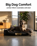 Large dog stretched out on the jumbo 130cm calming sofa dog bed