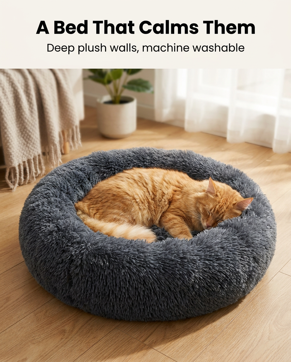 Cat asleep in the medium dark grey calming plush donut bed