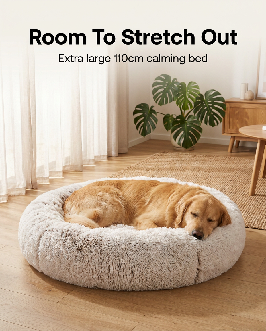 Large dog curled asleep in the 110cm calming plush pet bed