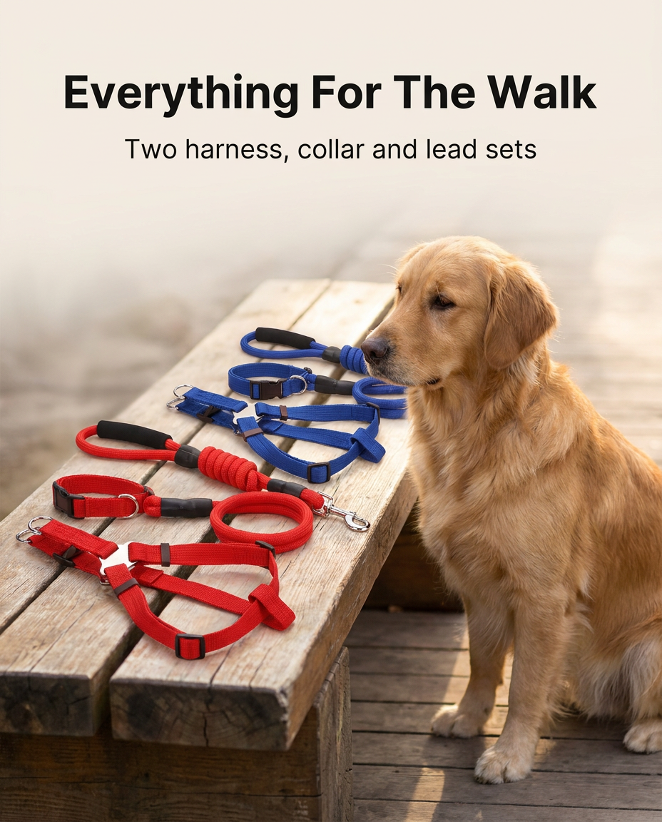 Two harness, collar and lead sets laid out beside a dog ready for a walk