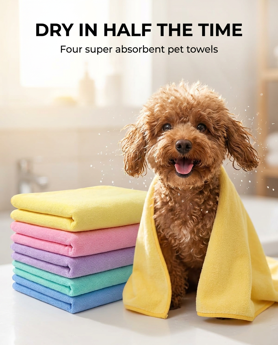 Four folded super absorbent pet towels beside a dog after a bath