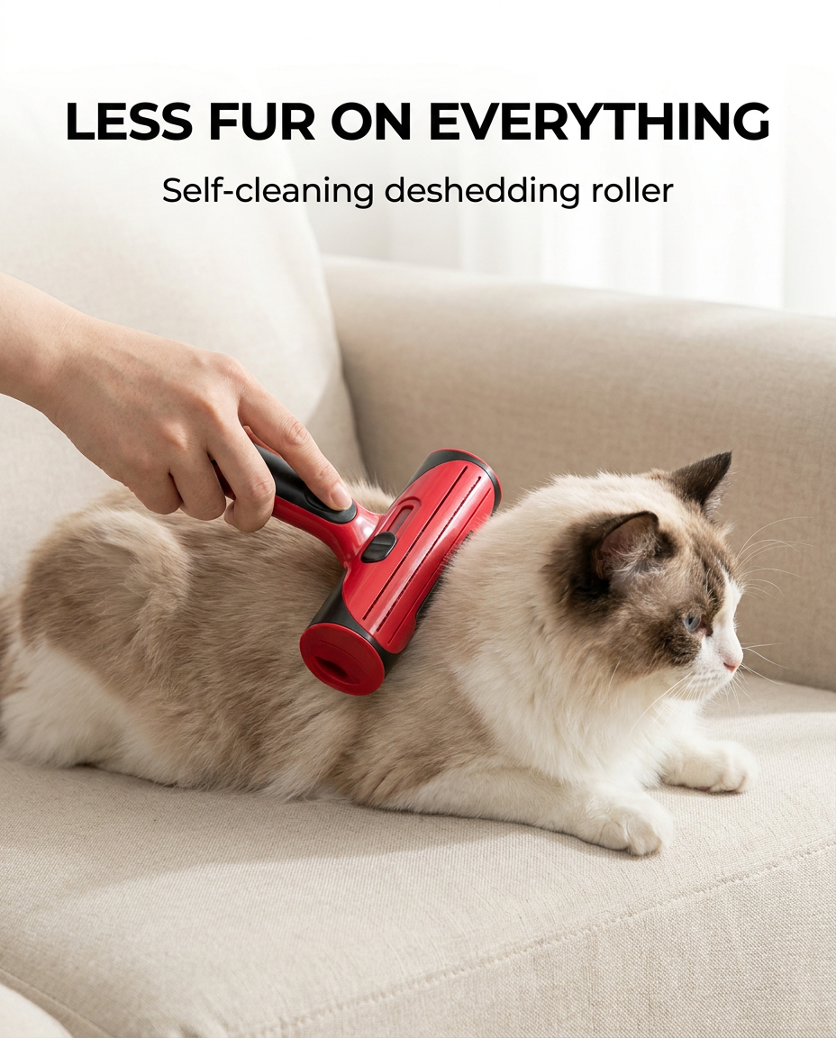 Deshedding roller brush being used on a long haired cat