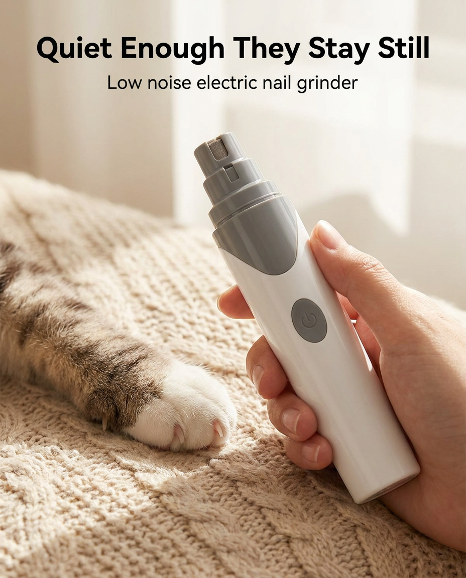 Quiet electric pet nail grinder being used on a relaxed cat