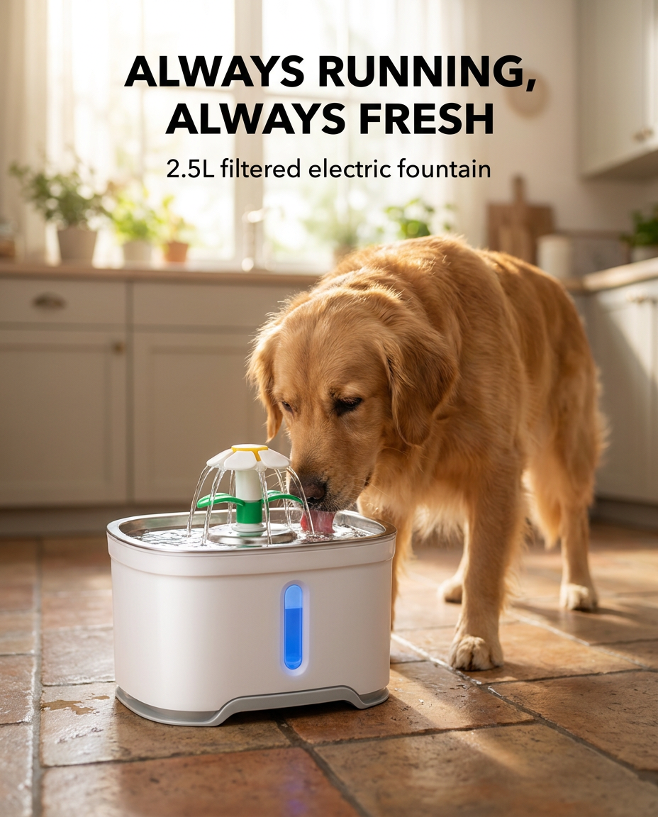 Dog drinking from the 2.5L electric pet water fountain
