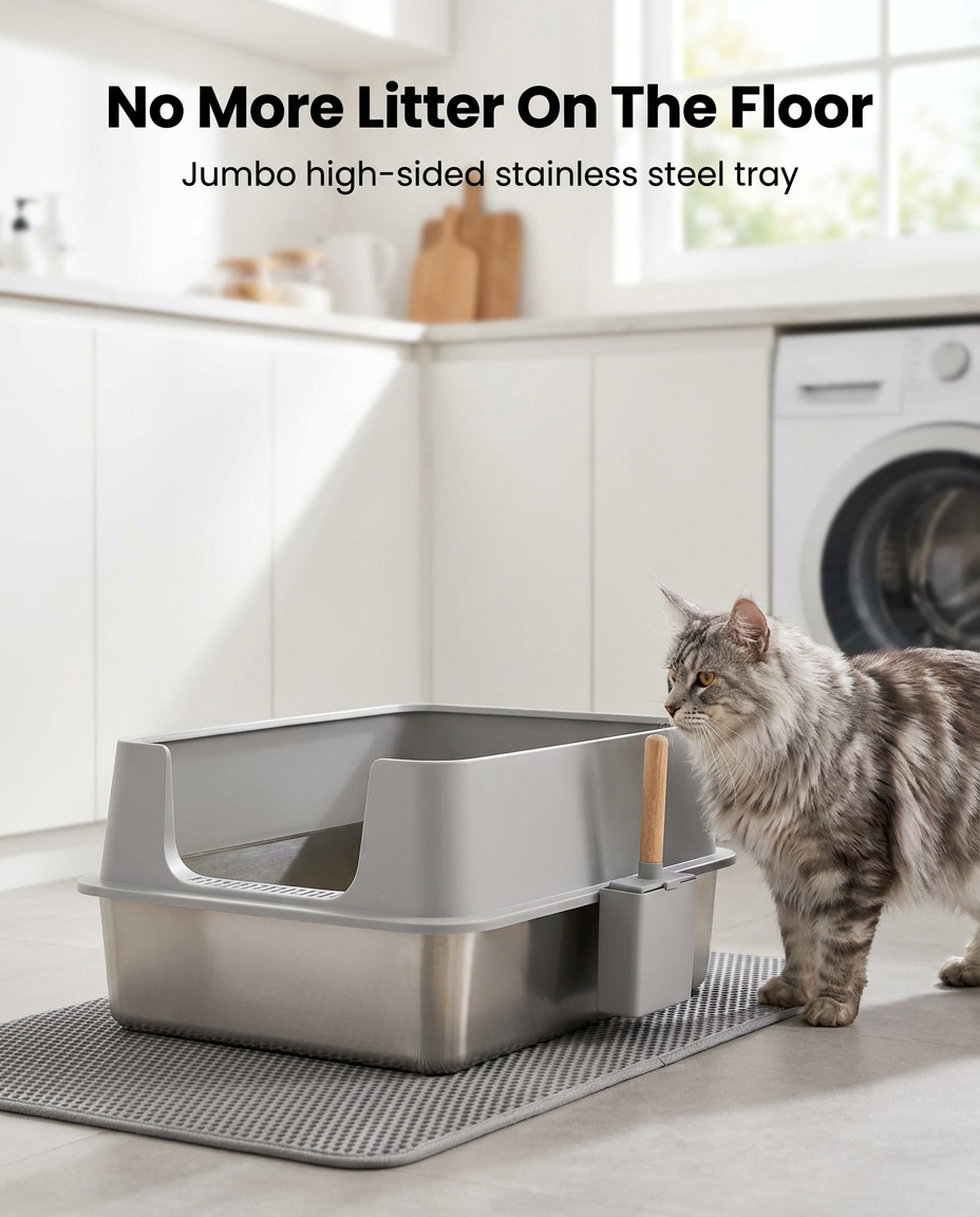 Cat beside the jumbo high-sided stainless steel litter tray