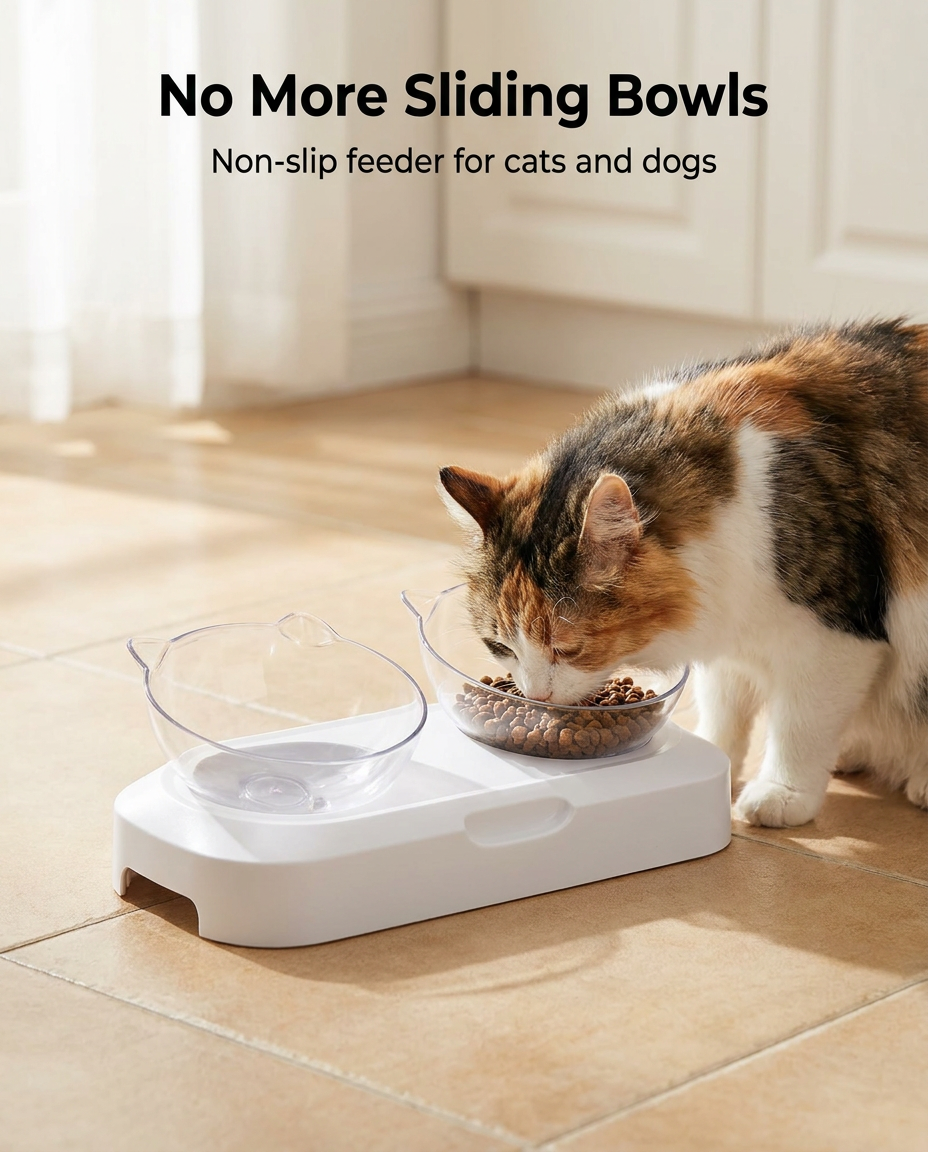 Cat eating from the tilted non-slip pet bowl feeder