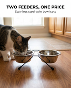 Cat eating from the stainless steel twin bowl pet feeder