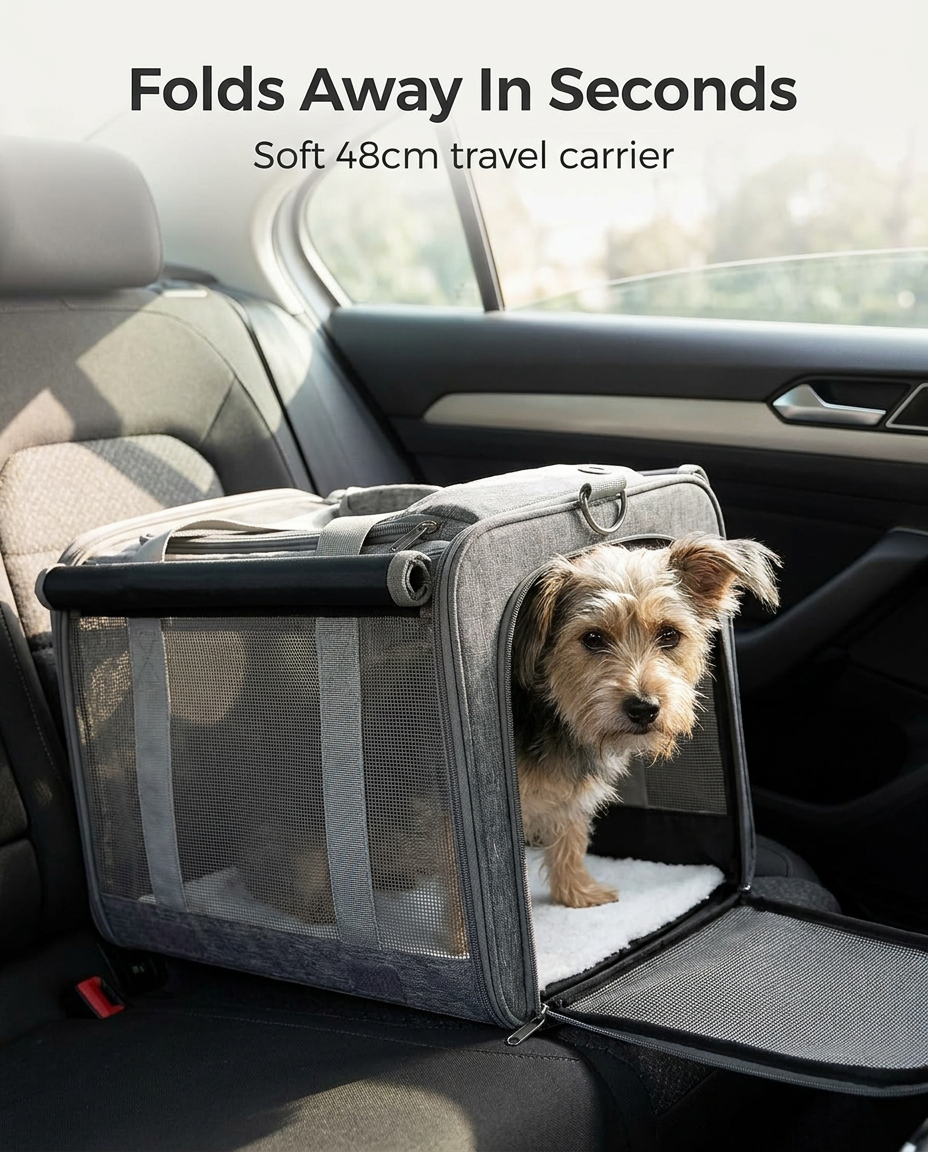 Small dog in the grey foldable soft travel carrier in a car