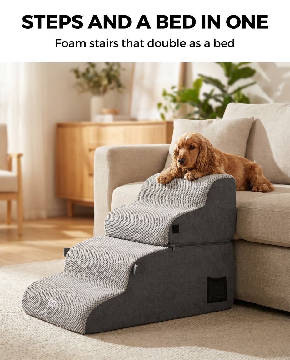 Dog beside the two-in-one foam pet stairs and bed next to a sofa