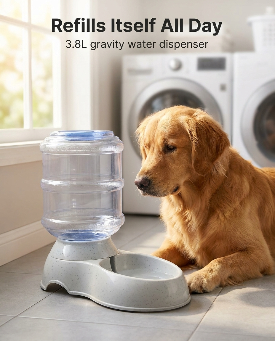 Dog beside the 3.8L gravity pet water dispenser in a laundry