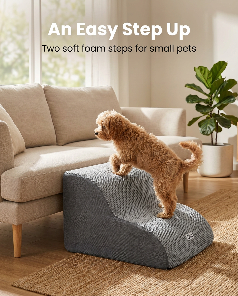 Small dog stepping up the two step grey foam pet stairs