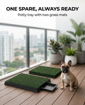 Grass potty tray with a spare grass mat on a balcony beside a dog