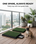 Grass potty tray with a spare grass mat on a balcony beside a dog