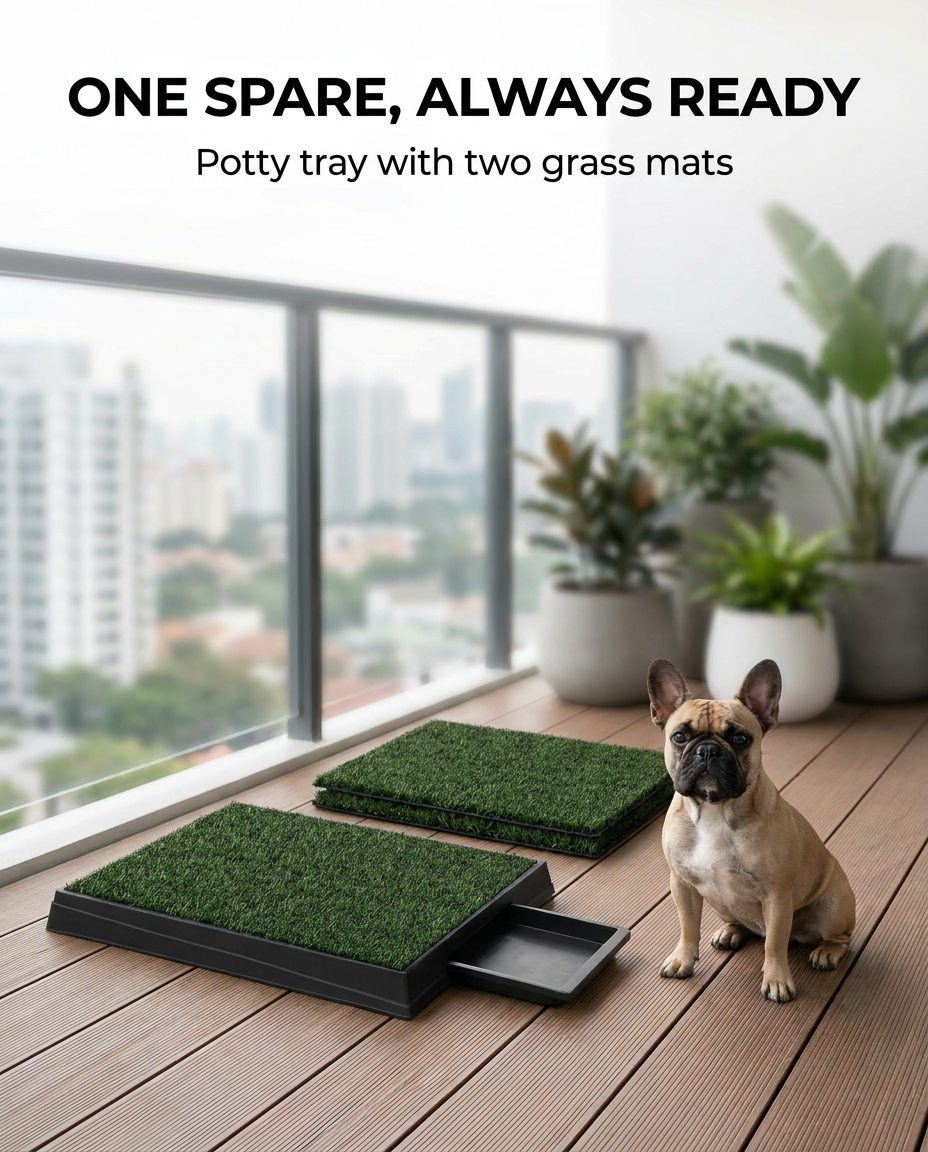 Grass potty tray with a spare grass mat on a balcony beside a dog