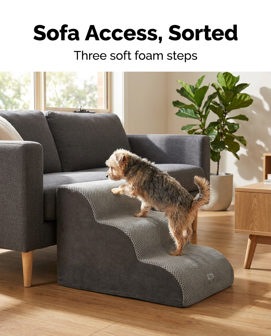 Small dog climbing the three step grey foam pet stairs to a sofa