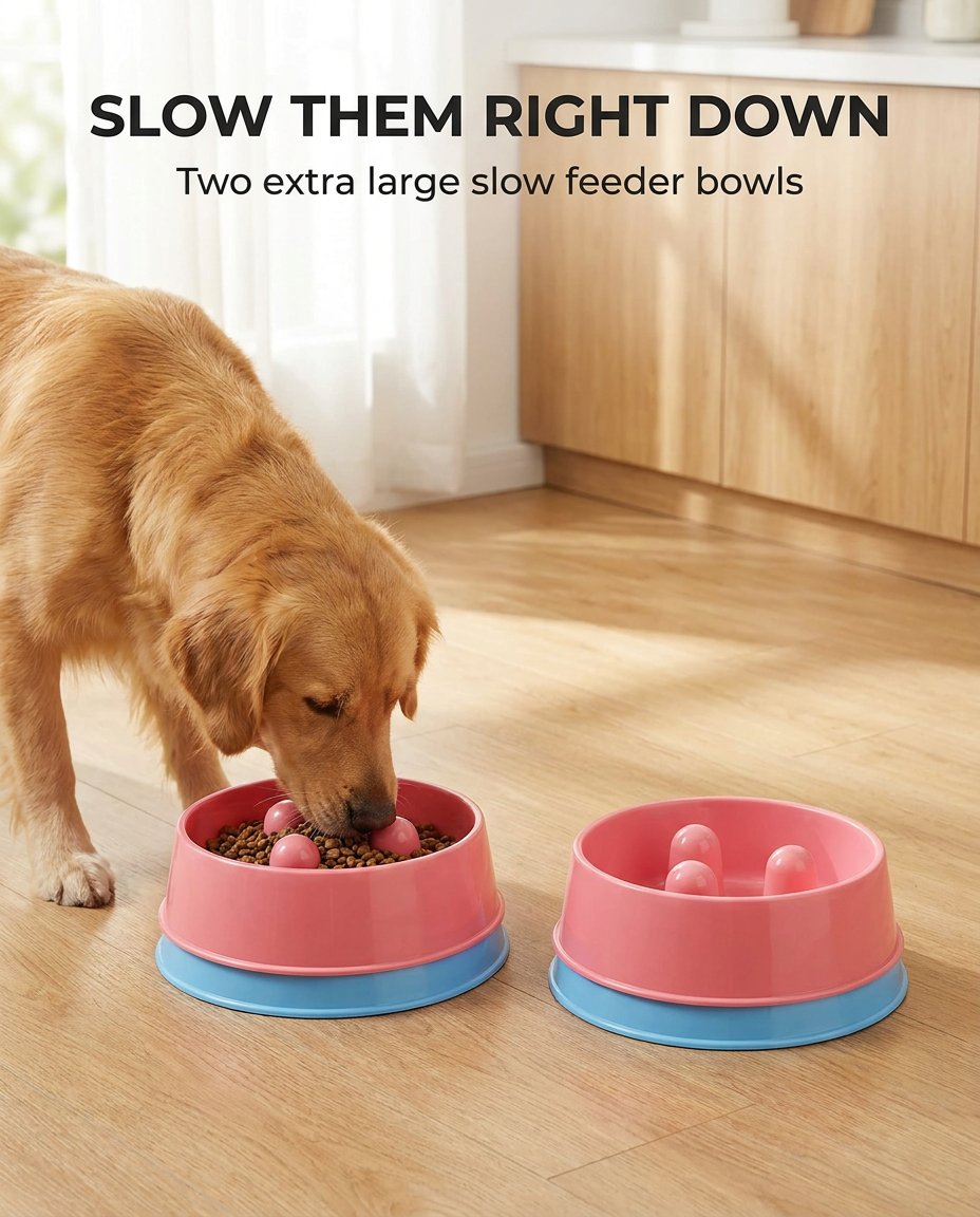Dog eating from one of two extra large slow feeder bowls