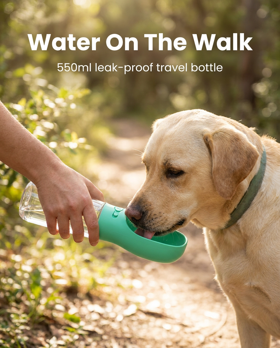 Dog drinking from the green 550ml portable pet water bottle