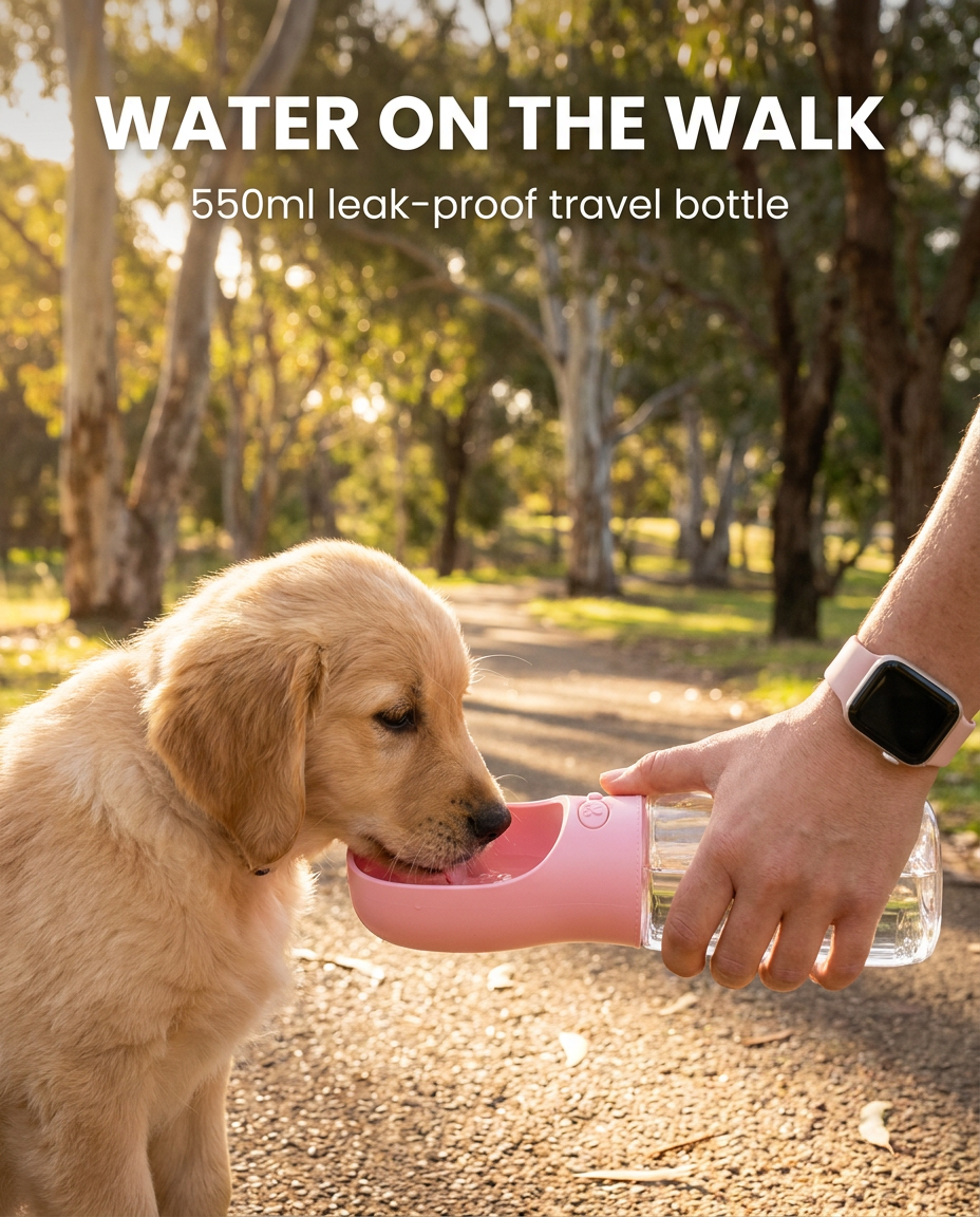 Puppy drinking from the pink 550ml portable pet water bottle