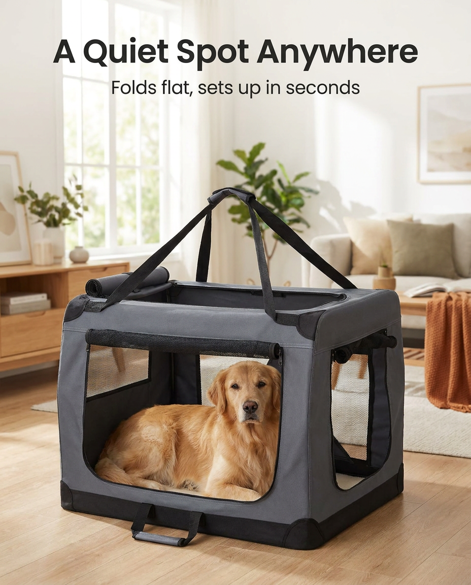 Dog settling in the XL grey soft travel crate in a living room