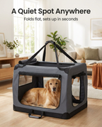 Dog settling in the XL grey soft travel crate in a living room