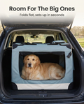 Large dog resting in the 2XL blue soft travel crate in a car boot