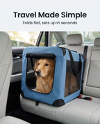 Dog in the large blue soft travel crate on a car back seat