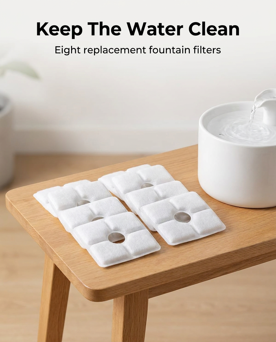 Eight replacement pet fountain filters laid out beside a water fountain