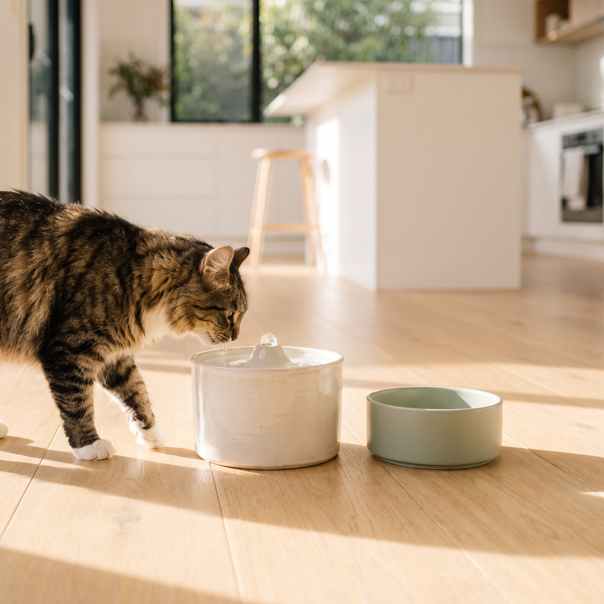 A cat approaching a ceramic water fountain and food bowl in a kitchen