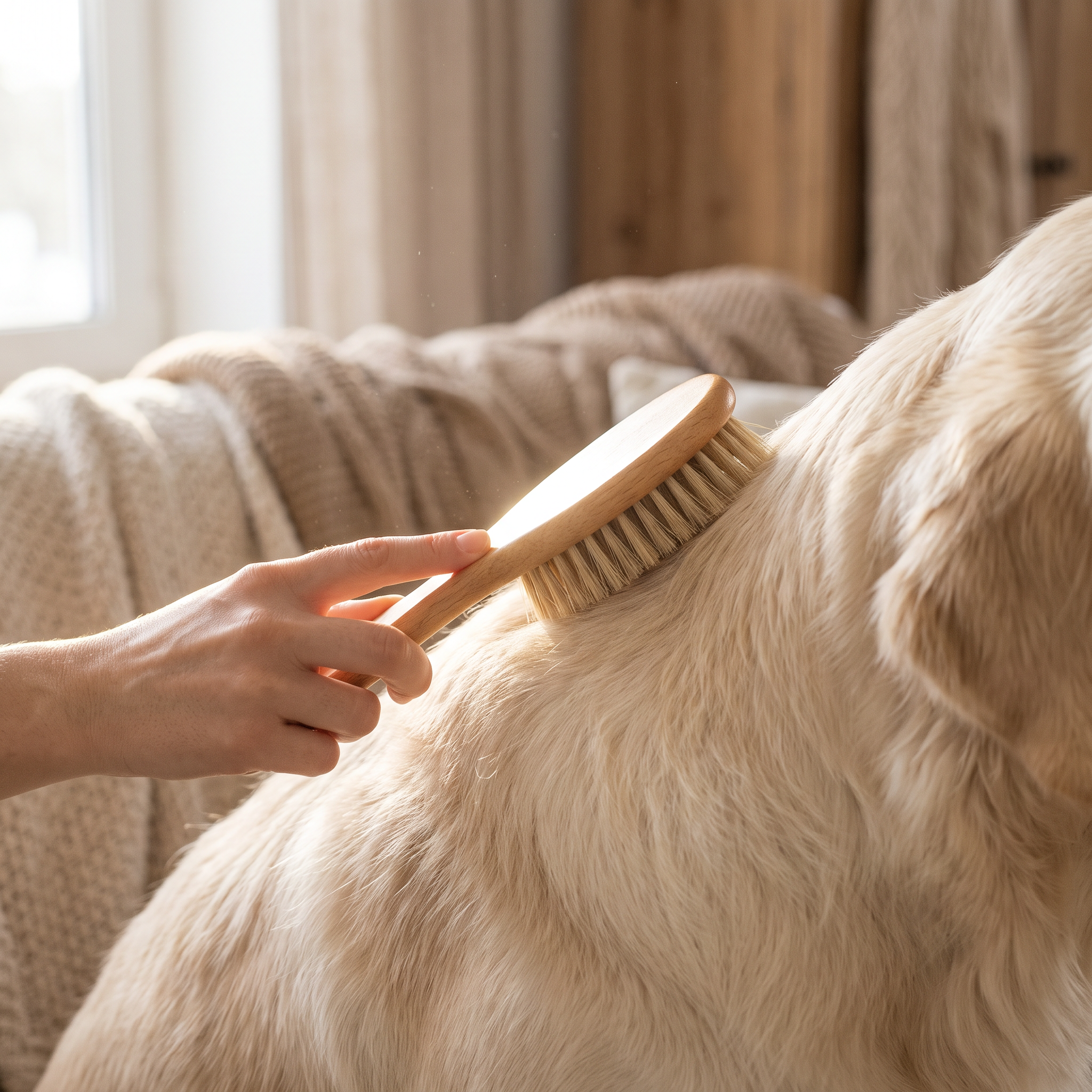 A dog being brushed with a wooden grooming brush