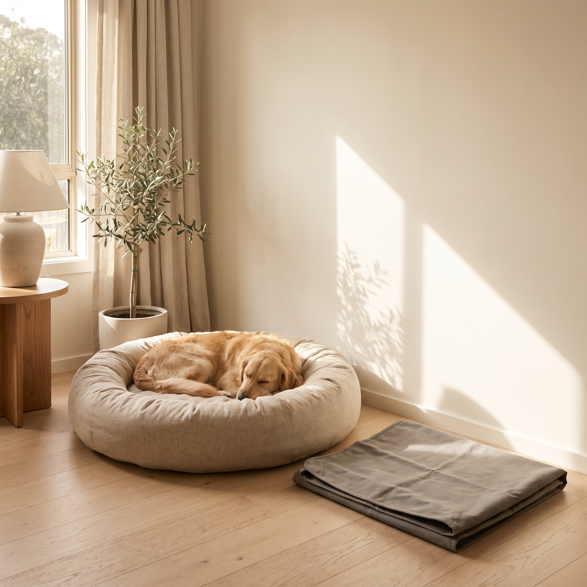 A dog asleep in a round bed in a bright living room